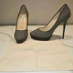 Jimmy Choo London Flannel Wool Patent Leather Platform Stiletto Heels Size 39